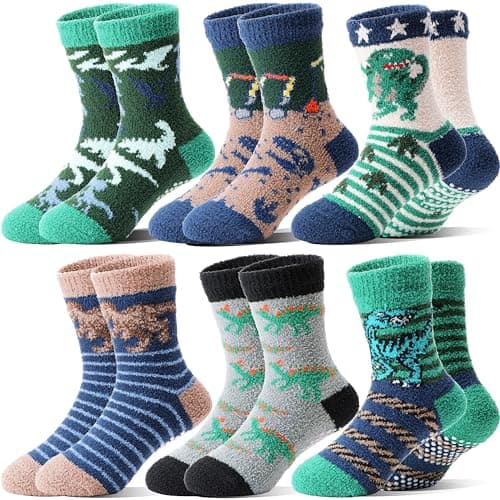 Image of Welwoos Kids Boys Fluffy Grips Socks Non Slip Anti Skid Thermal Winter Warm Thick Slipper Fun Cosy Bed Hospital Toddlers Socks 6 Pairs Christmas Gifts Stocking Fillers(Green Grey DInosaur,3-6 Years)