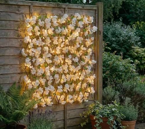 Image of Artificial Fence Trellis Screening 90x170cm Light Up Expandable Garden Trellis Panel with LED Solar Lights & White Flowers, Privacy Fence Screen for Garden, Garden Screening for Fence Backyard