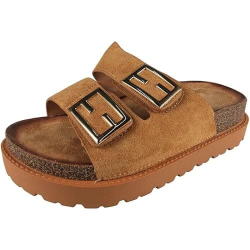 Image of LoudLook Womens Sliders Sticky Mules Flat Bling Cushioned Light Weight Adjustable straps Faux Suede Open Toe Summer Comfy Sizes Camel 7