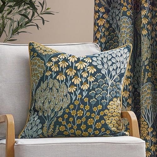 Image of furn. Wylder Nature Ophelia Floral Jacquard Polyester Filled Cushion, 50 x 50cm, Blue/Saffron