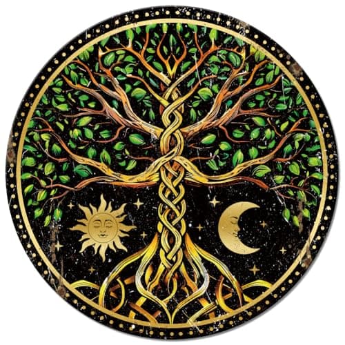 Image of GLOBLELAND Vintage Metal Tree of Life Tin Sign Retro Sun and Moon Tree Plaque Poster Metal Wall Decorative Tin Signs for Home Bedroom Living Room Office Garden Decoration
