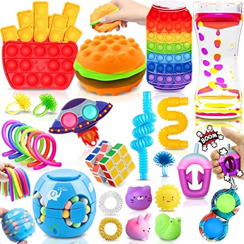 Image of Paochocky Fidget Toy Set, 26PCS With Box Fidget Pack, Sensory Anxiety Relief Stress Toys for Autism, Fidget Toy in Rainbow, Fries Burger Relaxing Entertainment Birthday Gift for Kids Adults