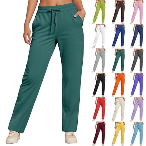 Image of Womens Joggers with Pockets, Straight Leg Tracksuit Bottoms for Running Gym, Fleece Lined Winter Sweatpants Lounge Pants Green