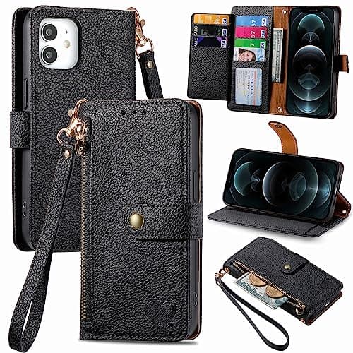 Image of VEEMOS Zipper Wallet Case for Apple iPhone 12 Mini Phone Case with Purse Card Holders RFID Blocking Leather Flip Case Book Cover Wrist Strap Women - Black