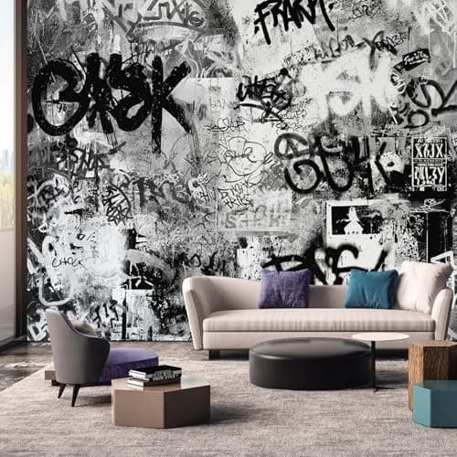 Image of Graffiti Wallpaper, Abstract Art Black White Wallpaper Murals, Graffiti Room Decor Wall Art for Bedroom Kitchen Living Room 130L x 80W cm