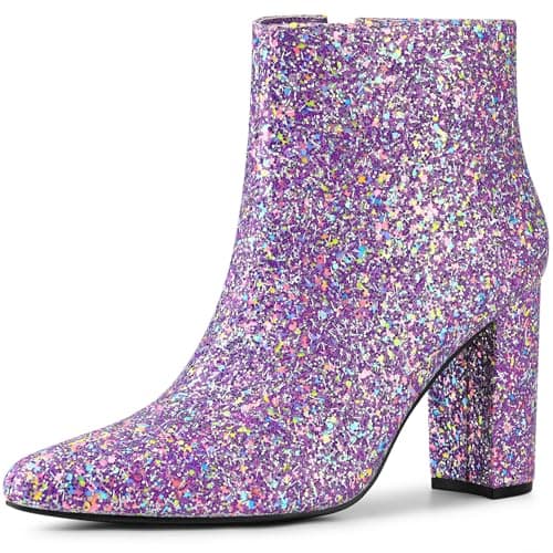 Image of Allegra K Women's Glitter Pointed Toe Chunky Heel Ankle Boots Purple 7 UK/Label Size 9 US