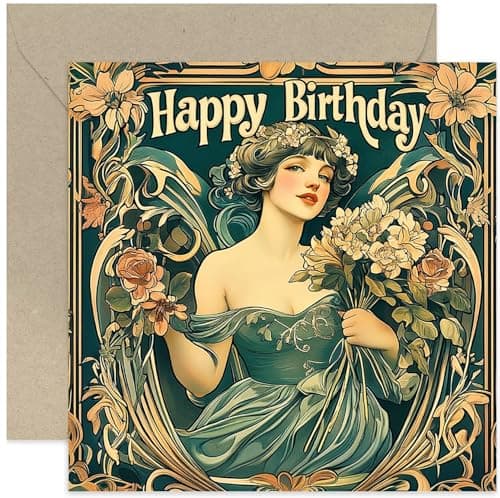 Image of Classic Art Nouveau Styled Happy Birthday Card for Aunt Sister Niece Daughter Mum, Glamorous Woman Illustration within Floral Frame, Vintage Style Poster Print, Blank Inside