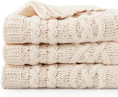 Image of Battilo Cream Throw Blanket for Sofa Bed Couch Chair, Cream Knit Blanket, Soft Warm Cozy Decorative White Sofa Throw, Bed Blanket, 130x170cm
