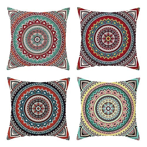 Image of Lieson 4 Pack Outdoor Pillow Covers, Cushion Covers 16x16 Inches Throw Pillow Cases Multicolors 40x40cm Ethnic Mandala Floral Pattern, Polyester