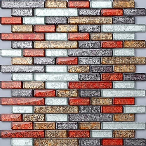 Image of 30cm x 30cm Red Silver Black Gold Hong Kong Foil Brick Shape Glass Mosaic Tiles Sheet (MT0094)