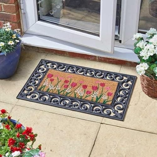 Image of Garden Mile Heavy Duty Non Slip Natural Coir Door Mat Bloom Flower Design Entrance Doormat for Home Motorhomes & Caravans Indoor & Outdoor Welcome Rug 23cm x 53cm