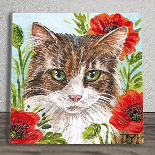 Image of Poppy Patch Mog Ceramic Picture Tile Artwork By Judith Yates Hanging Wall Art Home Décor