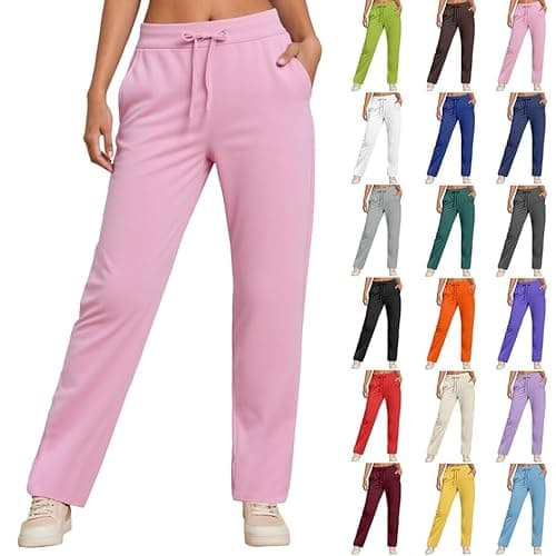 Image of Womens Joggers with Pockets, Straight Leg Tracksuit Bottoms for Running Gym, Fleece Lined Winter Sweatpants Lounge Pants Pink