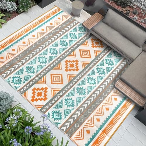 Image of Famibay Outdoor Rug Large 245x305cm Garden Rugs Outdoor Waterproof Plastic Straw Rug Reverible Garden Carpet Mat Lightweight Portable Picnic Blanket for Camping Beach Balcony BBQ Grey Yellow
