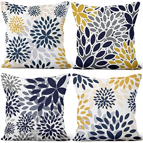 Image of Aoihrraan Cushion Covers Set of 4, Boho Floral Throw Pillow Covers Blue and Yellow Flower Soft Short Plush Square Pillowcase for Sofa Couch Bedroom Car Chair Home Decor 24"x24"
