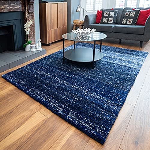Image of Thick Super Soft Stripe Navy Blue Bedside Living Room Shaggy Non Shed Rug Kids Durable Speckled Hygge Carpet Rugs 80cm x 150cm