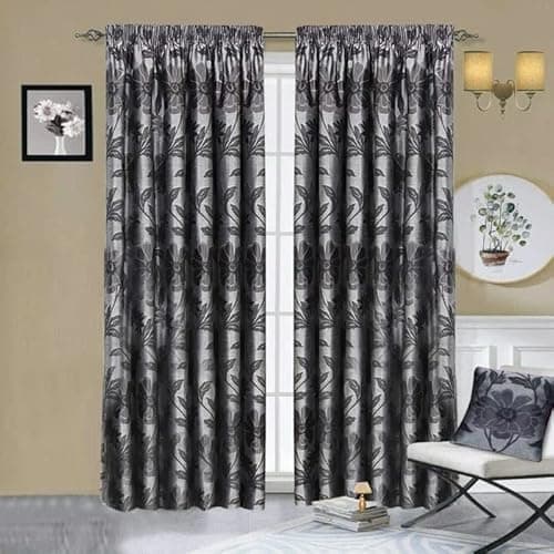 Image of PRIME LINENS Floral jacquard Fully Lined Pencil Pleat Pair Curtains with 2 Tie Backs Living Room Bedroom Window Modern Panels Curtains (Grey, W 46''x L 54'')