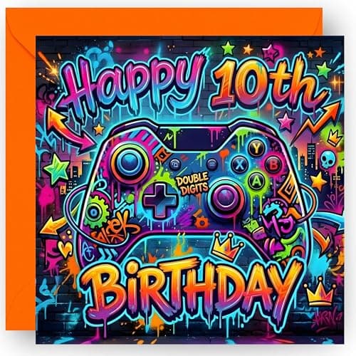 Image of 10th Birthday Card Gift for Boys and Girls – Gamer Themed Design – Happy 10 Years Old Birthday Greeting Card – with Bright Orange Envelope - Size 14cm