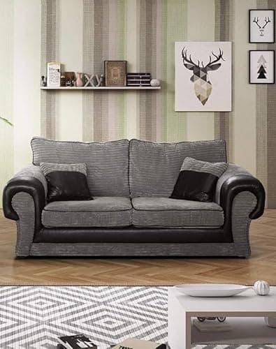 Image of Grey Fabric & Black Faux Leather 3+2 Corner Armchair Seater Sofa Set | Modern High Back Cushioned Sofas | Deep Seat Comfort Living Room Suite | UK Home (3 Seater)
