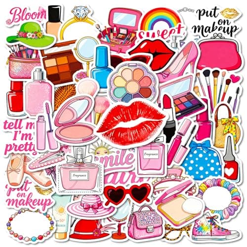 Image of 56pcs Sweet Girl Makeup Stickers Glossy PET Cosmetic Decals for Scrapbooking Journals Planners Laptops Water Bottles Phone Cases Luggage DIY Decoration for Teens Adults