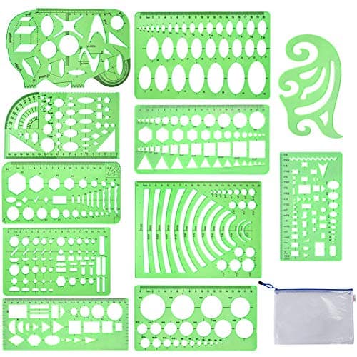 Image of 11 Pieces Geometric Drawings Templates Stencils Plastic Measuring Template Rulers Clear Green Shape Template for Drawing Engineering Drafting Building School Office Supplies