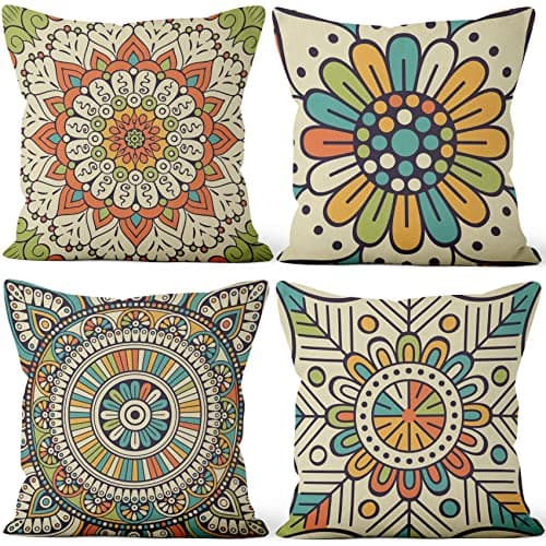 Image of Aoihrraan 24 x 24 Inch Cushion Covers Colorful Bohemian Mandala Flower Square Linen Throw Pillow Covers Home Decor For Farmhouse Bedroom Living Room Sofa Outdoor Garden Couch, 61x61cm Set of 4