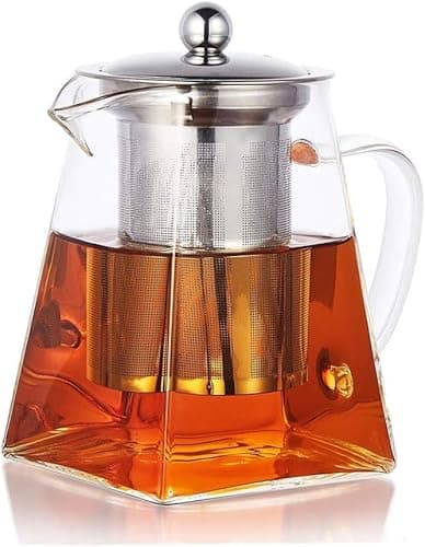 Image of PluieSoleil Square Glass Teapot with Infuser, 750 ml Borosilicate Tea Pot for Loose Tea, Clear Leaf Teapot with Strainer for Microwavable and Stovetop