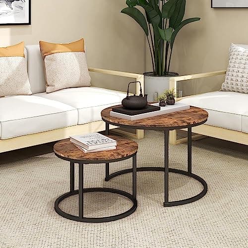 Image of DUMEE Round Coffee Table, Set of 2 Side Table Nesting Table with Steel Frame and Wooden Top, for Living Room, Bedroom, Balcony, (Rustic Brown/Black, Dia 60/40cm)