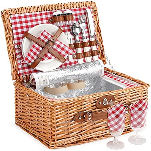 Image of Wicker Picnic Basket for 2, Willow Hamper Basket Sets with Insulated Compartment, Handmade 2 Person Picnic Basket with Utensils Cutlery Perfect for Picnic, Camping (Red)
