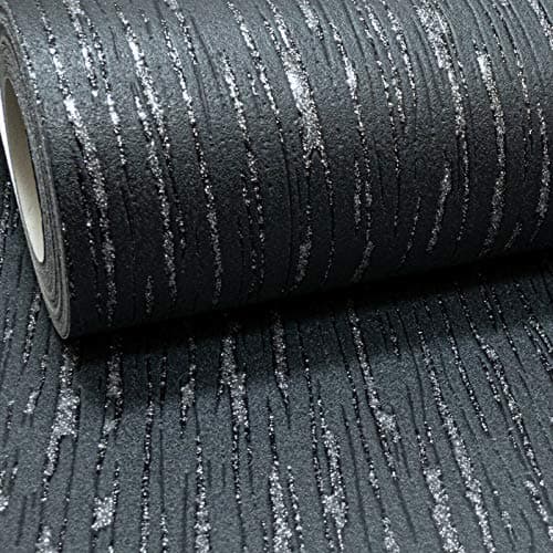Image of Muriva Embossed Plain Black Silver Glitter Blown Vinyl Textured Thick Heavy Wallpaper (Black and Silver)
