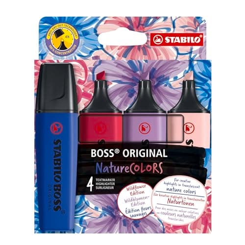 Image of STABILO BOSS ORIGINAL NatureCOLORS Wildflowers Edition - Highlighter - Pack of 4 - Blush, Burgundy, Grey Violet and Ultramarine