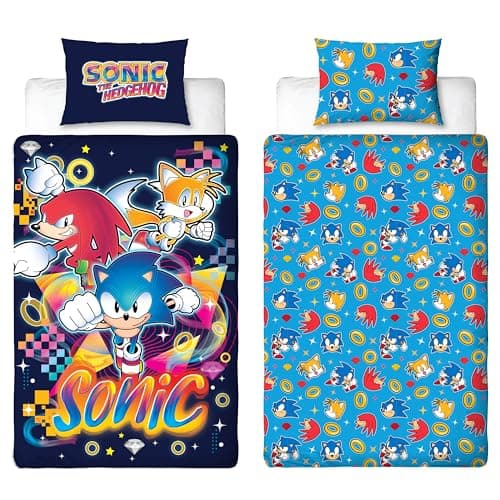 Image of Sonic The Hedgehog Design Gaming Single Duvet Cover Set | Reversible 2 Sided Bedding with Tails and Knuckles Including Matching Pillow Case | Perfect For Kids Bedroom