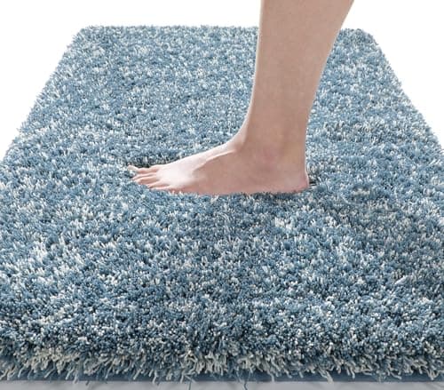 Image of Yimobra Fluffy Plush Bath Mat, Super Shaggy Soft Comfortable Non Slip, Water Absorbent Microfiber Bath Mat, Machine Washable Thick Bathroom Floor Rugs for Shower, Denim Blue, 43 x 61 cm