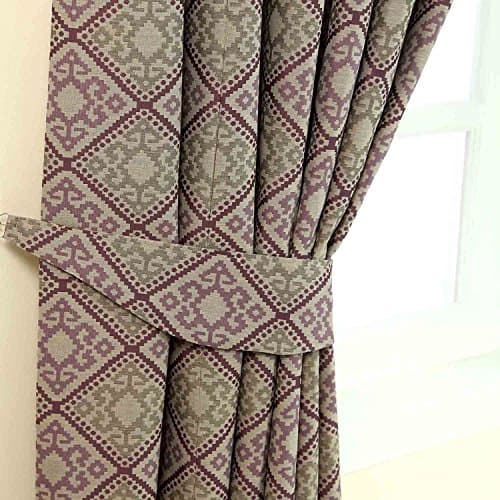 Image of HOMESCAPES Aubergine and Gold Patterned Tie back Pair Modern Aztec Tribal Design, 2 Tie Backs for Matching Curtains
