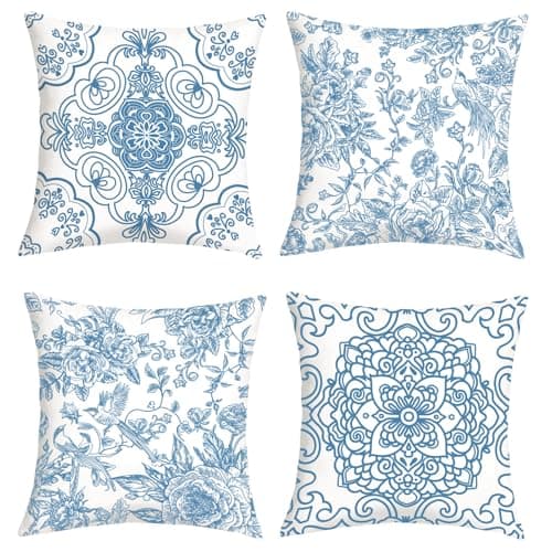 Image of Joymaison Blue and White Porcelain Floral Cushion Covers 45 x 45 Pack of 4 Vintage Flowers Birds Chinoiserie Square Throw Pillow Case Decorative Sofa Cushion with Invisible Zipper