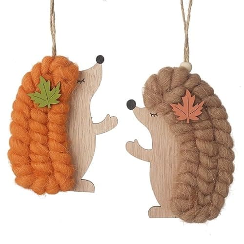 Image of Heaven Sends Set of 2 Wooden and Wool Hedgehog Hanging Autumnal Decorations