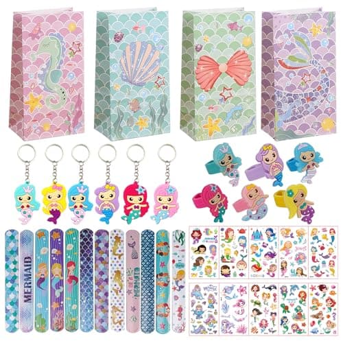 Image of batnite Mermaid Party Bag Fillers - Under the Sea Party Favors with Mermaid Keychains, Slap Bracelets, Stickers, Rings, Perfect for Girls Princess Birthday Gifts, Game Prizes