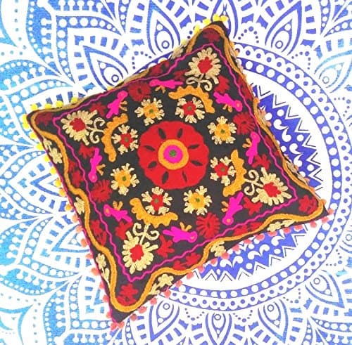 Image of Traditional Jaipur Suzani Embroidered Cushion Cover 16x16, Pom Pom Decorative Throw Pillow Case, Indian Cotton Outdoor Cushions, Boho Pillow Shams