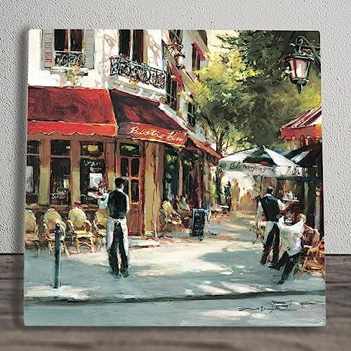 Image of Global Designs Bistro Waiters Ceramic Tile Picture Plaque Sign Wall Art By Brent Heighton Paris Scene 20x20cm
