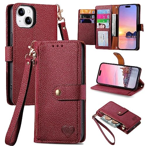 Image of VEEMOS Zipper Wallet Case for Apple iPhone 13 Mini Phone Case with Purse Card Holders RFID Blocking Leather Flip Case Book Cover Wrist Strap Women - Red
