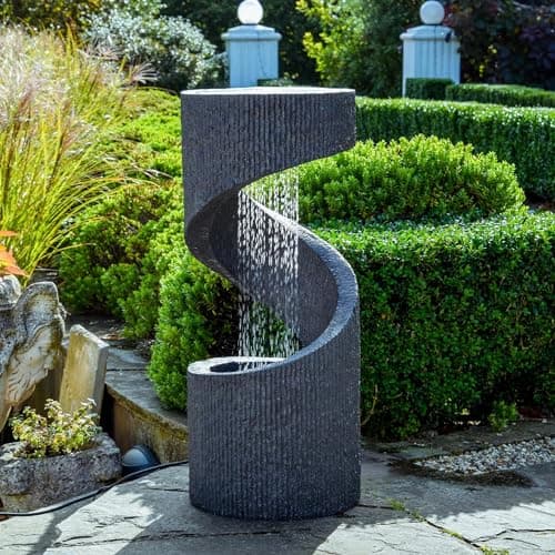 Image of Ivyline Outdoor Spiral Water Feature in Granite - UV Stable, LED Lights & Durable - Lightweight Stylish Decorative Garden Fountain - H82cm x W35cm