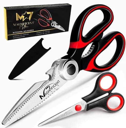 Image of Magnificent Kitchen Scissor, Heavy Duty Scissors for Kitchen Use with Safety Cover & Soft Grip & Multi-Functional Utility Scissors, Shears for Meat Poultry Herbs Cutting, Bottle Jar Opener