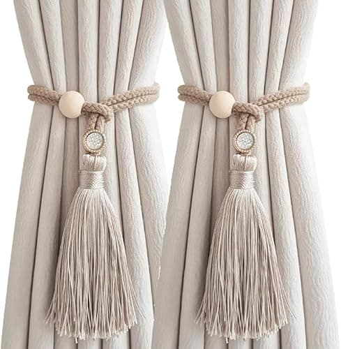 Image of Curtain Tie Backs, DWUENT Boho Curtains Milky Tea Fabric Holdbacks with Tassel, 54cm Total Length & 14cm Fringe Curtain Tiebacks for Curtains(2 Pack)