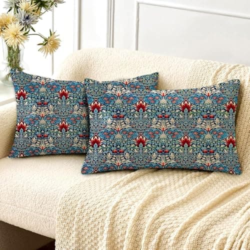 Image of HUASHUZI Cushion Covers Rectangle Long Oblong William Morris 30x50cm Blue Vintage Decorations Double Sided Pattern Throw Pillow Case Set of 2 Home Decor for Sofa Bench Couch