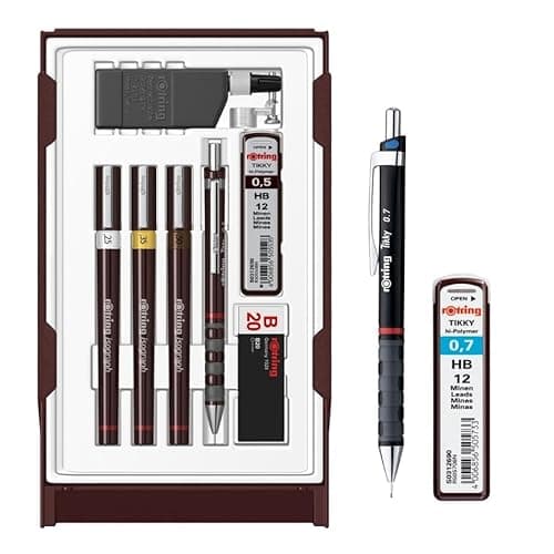 Image of rOtring Isograph Fineliner Pen & Pencil College Set S0699380 | 3 Technical Pens (0.25mm, 0.35mm, 0.50mm) and Mechanical Pencil (0.5mm) | Set with Refills