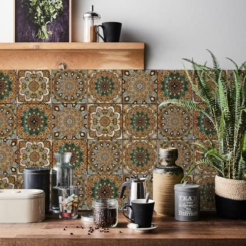 Image of HORIWE Tile Stickers 24pcs Moroccan Style Wall Decal Sticker Adhesive Tile Art DIY Kitchen Bathroom Backsplash Floor Home Decor PVC Waterproof Oil Proof New 8x8 Inches