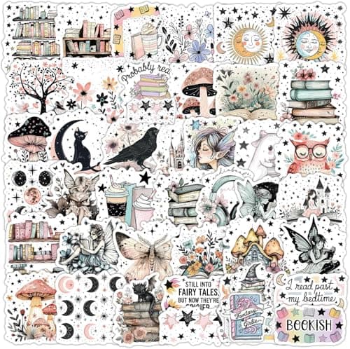 Image of 50 Pack Fantasy Book Stickers for Kindle, Laptop, Water Bottle - Waterproof Vinyl Booktok Stickers, Fairy & Bookish Decals for Journal, Skateboard, Luggage, MacBook, Teen Gifts