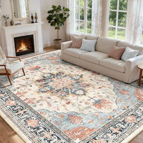 Image of INOVADAY Machine Washable Rugs 240x300 cm Vintage Area Rug Low Pile Anti-Slip Carpet with Print Pattern for Living Room Bedroom Home Office Indoor Beige/Blue/Orange