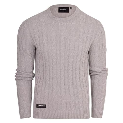 Image of Firetrap Men's Cable Knit Jumper - Casual Crew Neck Warm Long Sleeve Pullover Sweater Tops for Men Cotton Cable Knitted Fisherman Jumpers Chunky Smart Designer Winter Sweaters Grey Marl XXL
