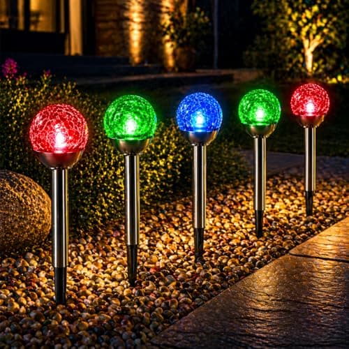 Image of Fabulouz 6 Pack Crackle Ball Solar Lights, RGB Colour Changing Solar Garden Lights Outdoor, Glass Globe Stake Lights with Rechargeable Batteries Included for Pathway, Patio, Lawn and Borders